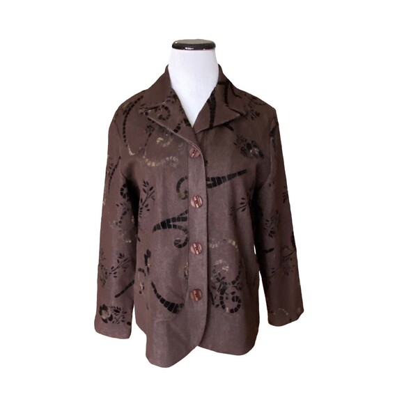 Vintage 90s Brown Flocked Velvet Floral Button Front Jacket Blazer Size M Artsy - Picture 1 of 11